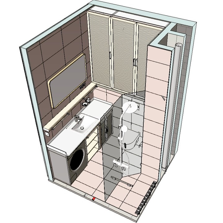 Technical bathroom visual showing structured spatial communication