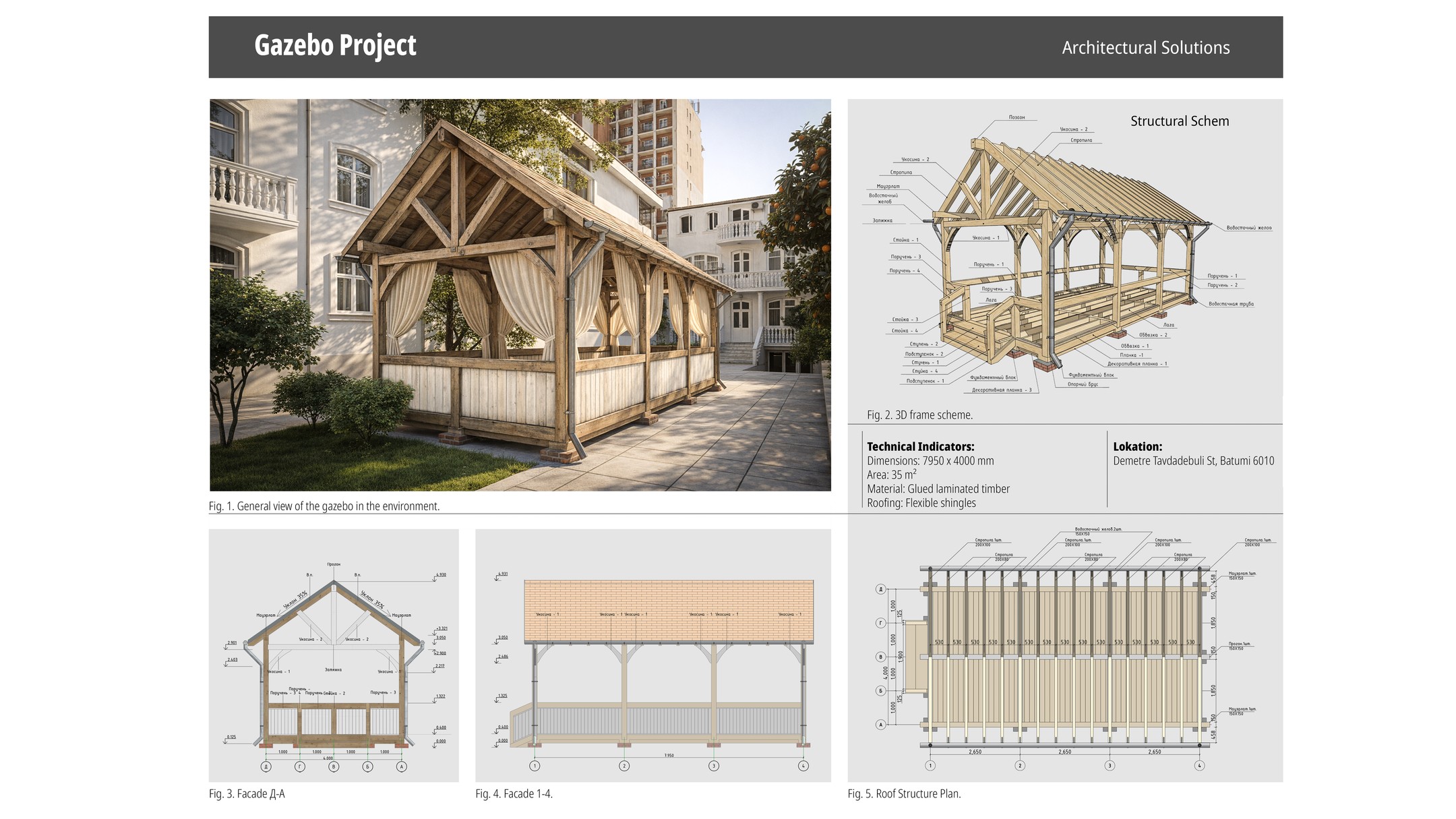 Architectural presentation board combining render, diagrams, and technical information